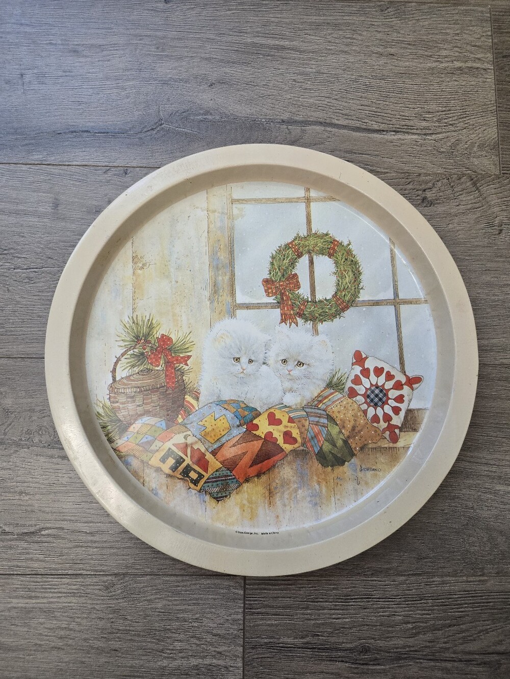 1993 Christmas Tin Serving Tray Kittens Holiday Fun Retro
